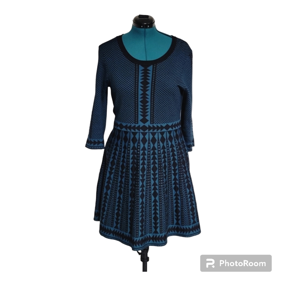 Blue Patterned Knit Fit-and-Flare Dress